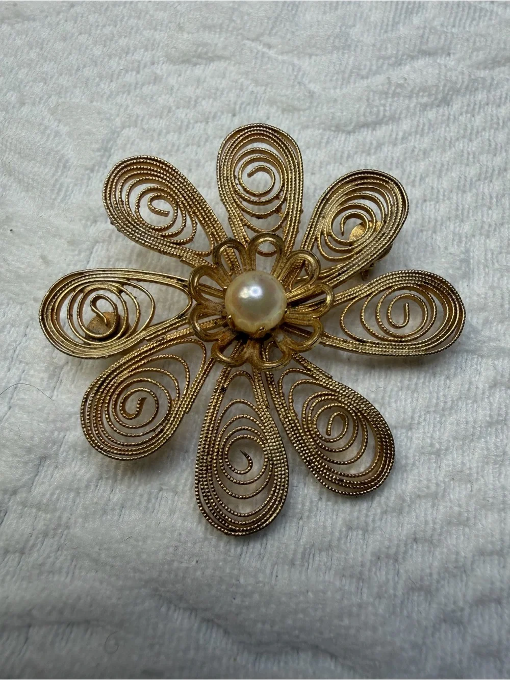 Gold-Tone Filigree Flower Brooch with Pearl Accent